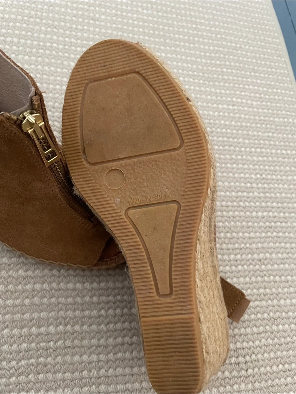 Andre Assous Brown Suede Peep-Toe Wedge Sandals with Front Zips